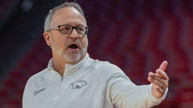 Razorbacks coach Mike Neighbors on sidelines against ULM